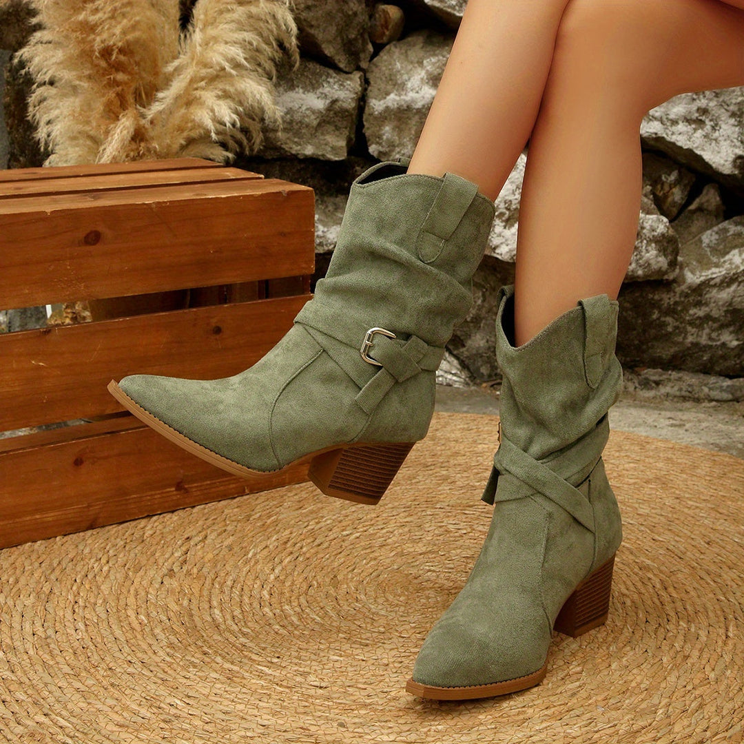 Lidia - Low Pleated Metal Buckle Cowboy Boots
